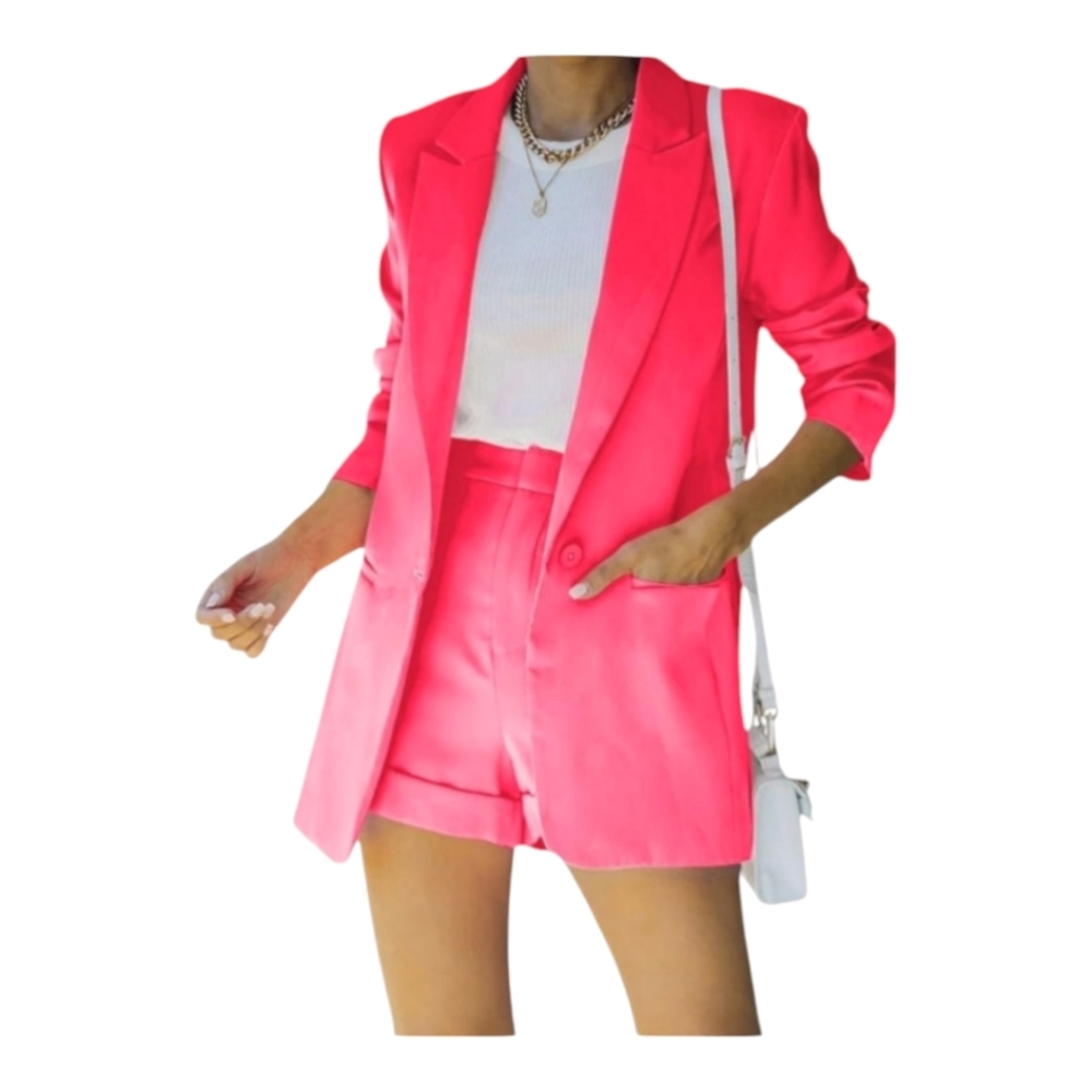 Women's 2 Piece Open Front Long Sleeve Blazer and Solid Short Suit Set, Size L